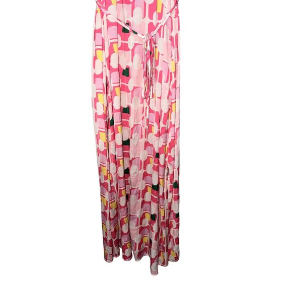 Soma Weekend Pink Geometric Maxi Dress V-Neck Tie Waist XL built in bra pockets - Picture 4 of 11